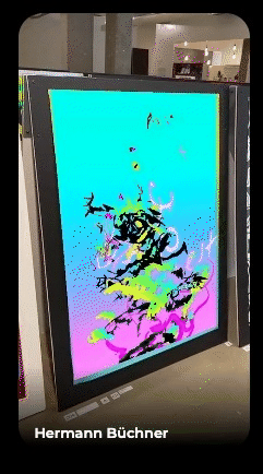 Animated GIF showing an abstract painting on a wall with a moving image