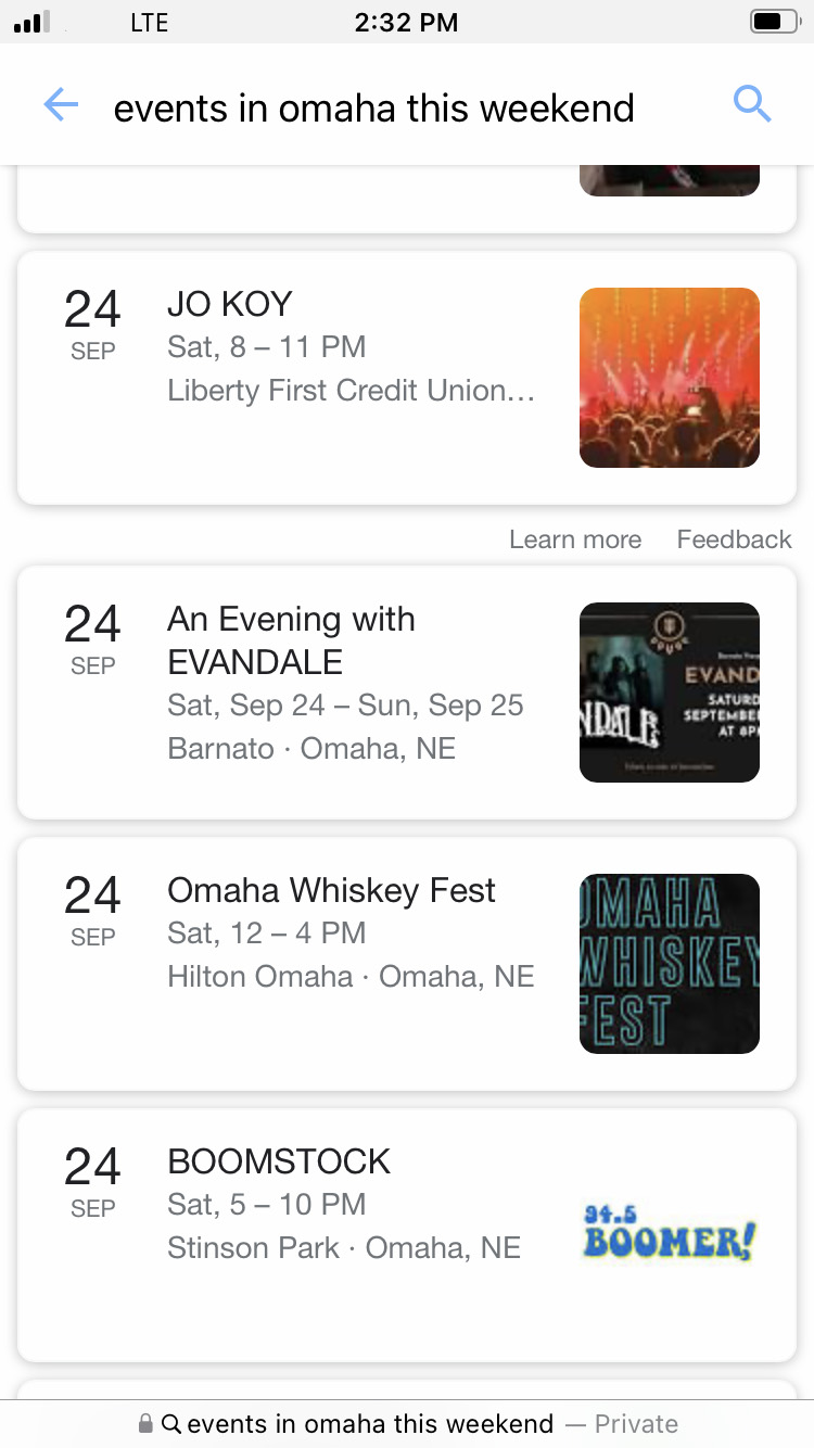 Screenshot of Google Events Listed in Omaha