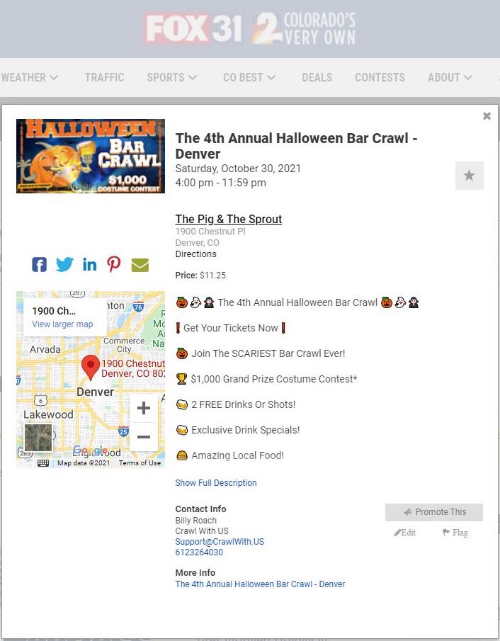 Crawl with Us Halloween Bar Crawl on Fox31 Calendar