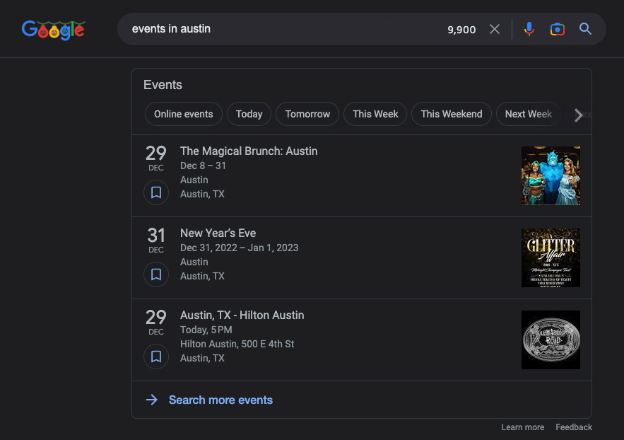 Example of Google Events Module results in Austin Texas