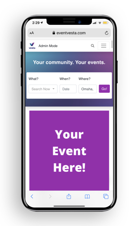 Event promotion on the Event Vesta app.