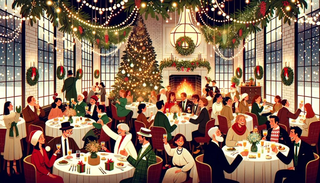 Illustration capturing the festive atmosphere of a holiday party during the Christmas season at a restaurant.