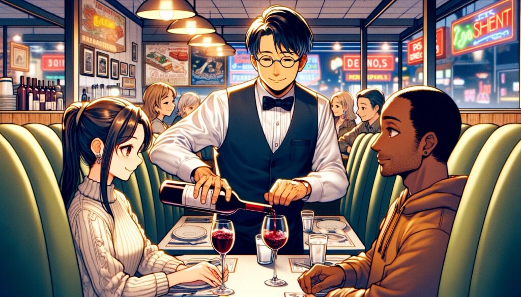Illustration of a sommelier event in a typical American restaurant