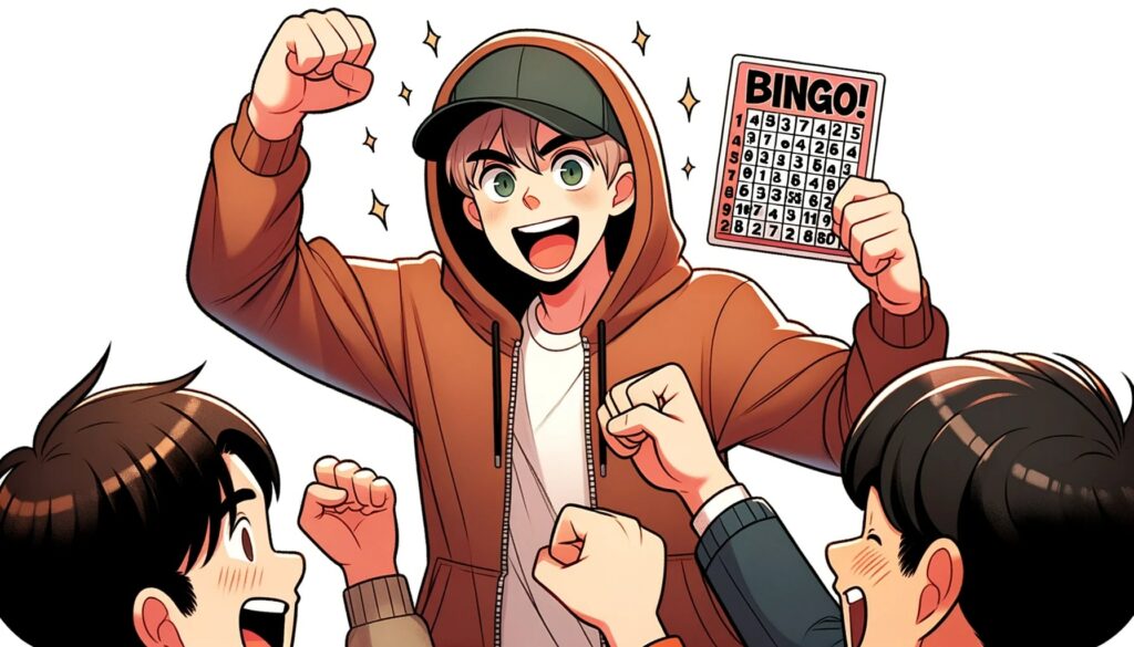 Illustration of a young man in a hoodie and cap, holding up his bingo card triumphantly He's yelling 'BINGO!' with a gleeful expression