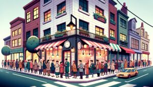 Restaurant Event Ideas Illustration presenting a casual and lively street scene around A charming restaurant stands with a colorful signboard
