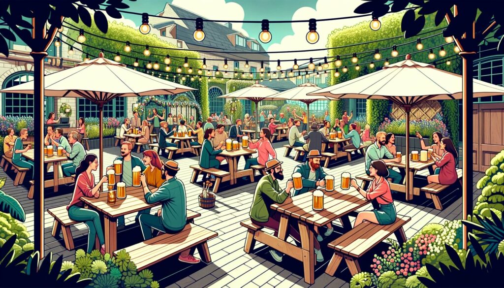 Illustration showcasing a vibrant scene at a Beer Garden which is a great restaurant event idea
