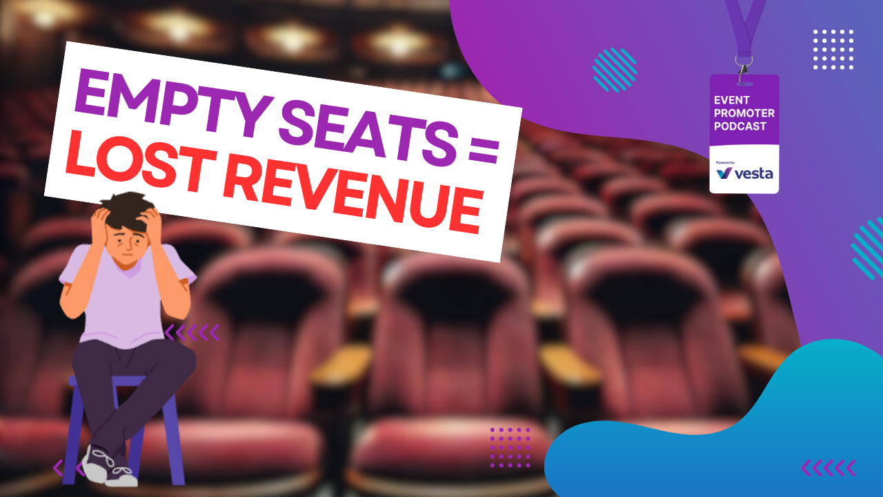 A graphic highlighting the concept of lost revenue from empty seats. The background features rows of blurred, empty theater seats. In the foreground, large text reads "EMPTY SEATS = LOST REVENUE," with "EMPTY SEATS" in purple and "LOST REVENUE" in red. A cartoon illustration of a distressed person sits on a chair, holding their head. To the right, a purple badge with the text "Event Promoter Podcast" and "Powered by Vesta" is shown. The design includes abstract shapes and accents in purple and blue.