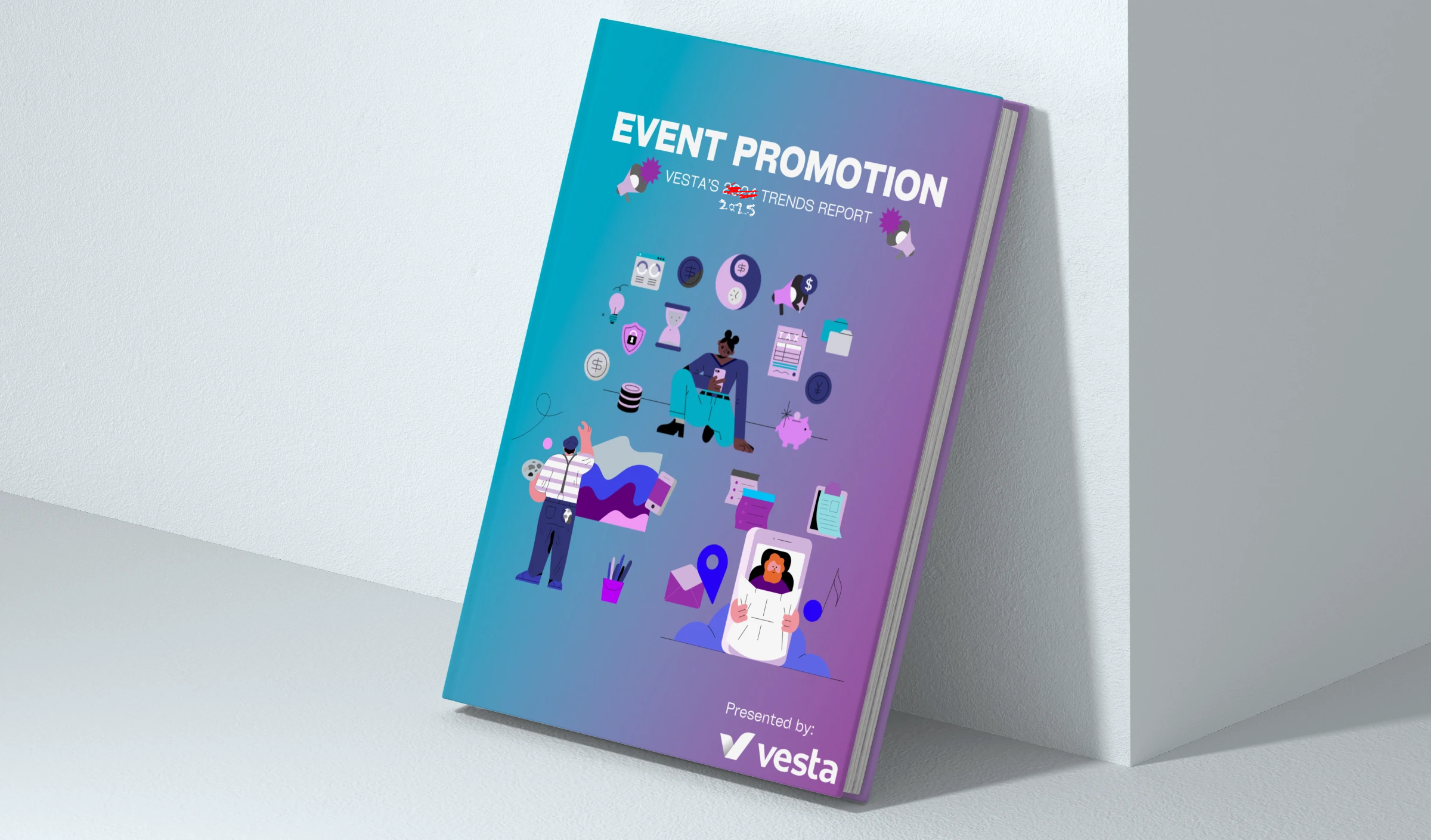 A book titled "Event Promotion: Vesta’s Trends Report 2025" is propped against a white surface. The cover has a gradient background transitioning from blue to purple and features illustrated characters and digital marketing icons. The bottom of the cover reads "Presented by: Vesta" with the company's logo.