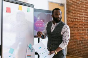 Man giving a presentation on marketing budget stands beside a whiteboard with "Budget" written in the center and arrows pointing to related topics like "Marketing," "Material," "Prod.," "Prototype," and "Distribution." He holds printed charts and gestures with a pen, wearing a gray vest over a floral shirt.